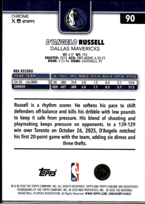 2025-26 Topps Chrome Update #90 D’Angelo Russell - baksida