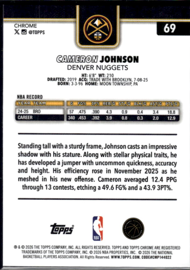 2025-26 Topps Chrome Update #69 Cameron Johnson - baksida