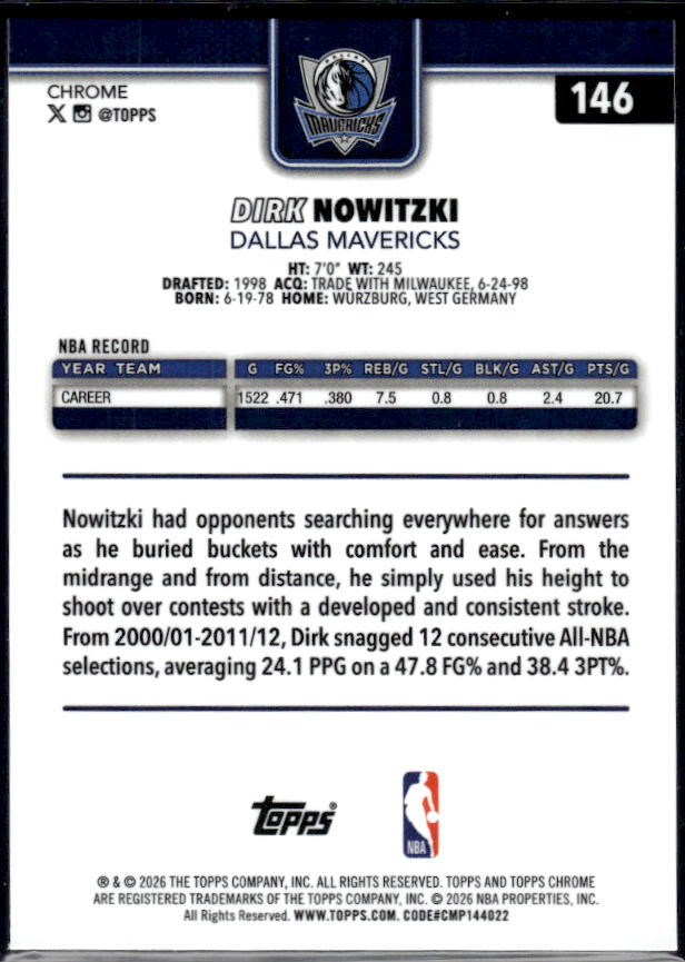 2025-26 Topps Chrome Update #146 Dirk Nowitzki - baksida