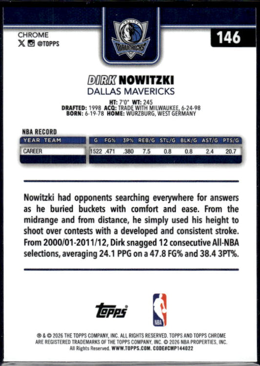 2025-26 Topps Chrome Update #146 Dirk Nowitzki - baksida