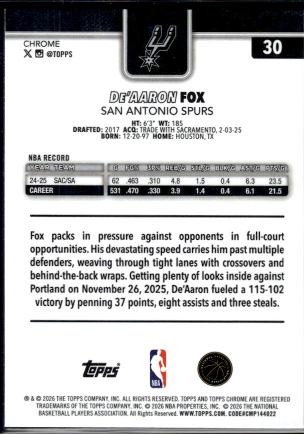 2025-26 Topps Chrome Update #30 De’Aaron Fox - baksida