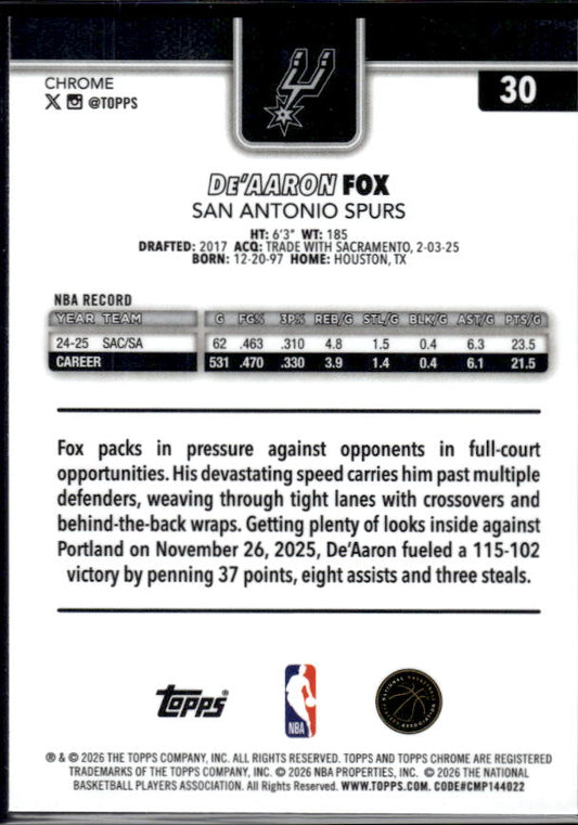 2025-26 Topps Chrome Update #30 De’Aaron Fox - baksida