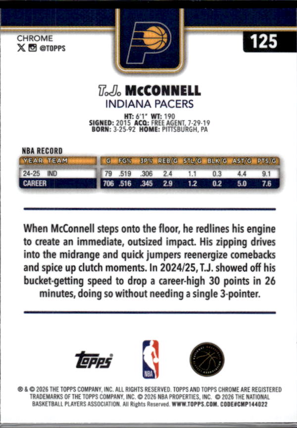 2025-26 Topps Chrome Update #125 T.J. McConnell - baksida