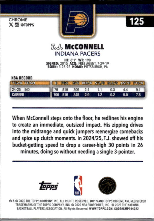 2025-26 Topps Chrome Update #125 T.J. McConnell - baksida