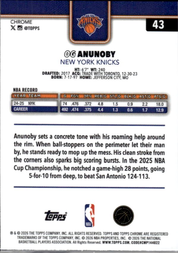 2025-26 Topps Chrome Update #43 OG Anunoby - baksida