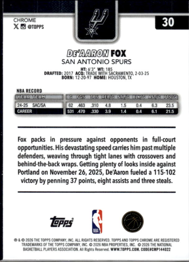 2025-26 Topps Chrome Update #30 De’Aaron Fox - baksida