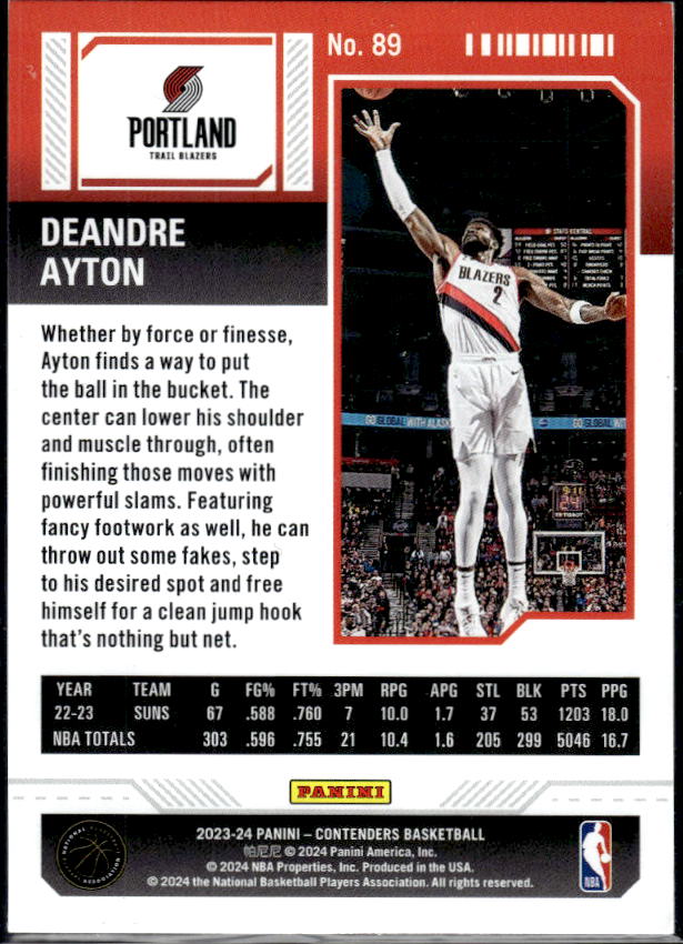 2023-24 Panini Contenders #89 Deandre Ayton Season Ticket Premium Edition - baksida