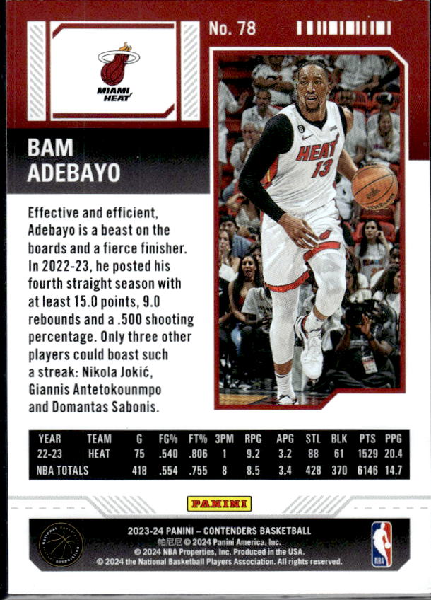 2023-24 Panini Contenders #78 Bam Adebayo Season Ticket Premium Edition - baksida