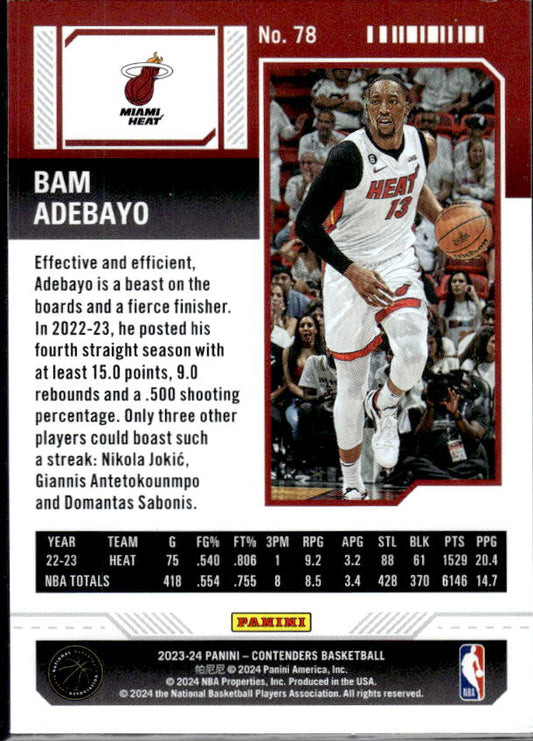 2023-24 Panini Contenders #78 Bam Adebayo Season Ticket Premium Edition - baksida