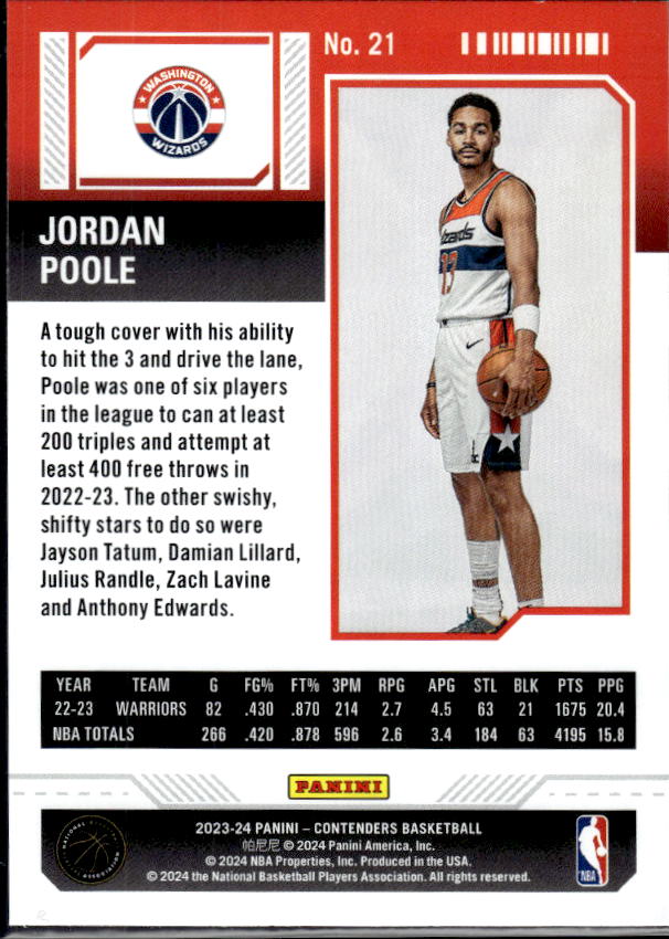 2023-24 Panini Contenders #21 Jordan Poole Season Ticket Premium Edition - baksida