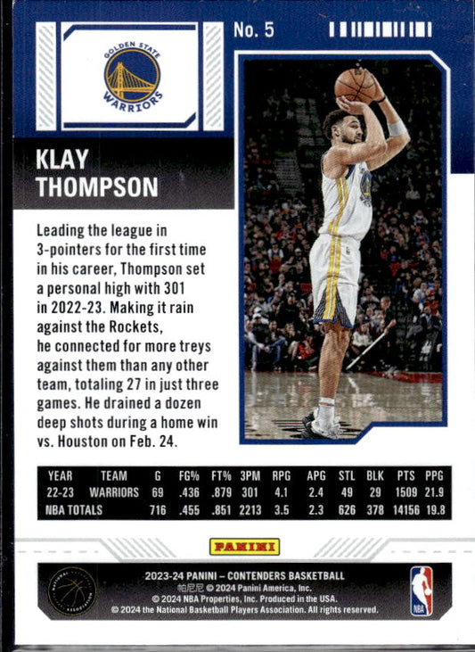 2023-24 Panini Contenders #5 Klay Thompson Season Ticket Premium Edition - baksida