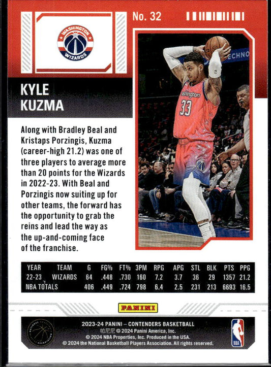 2023-24 Panini Contenders #32 Kyle Kuzma Season Ticket Premium Edition - baksida