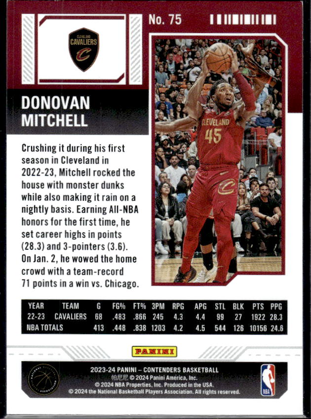 2023-24 Panini Contenders #75 Donovan Mitchell Season Ticket Premium Edition - baksida