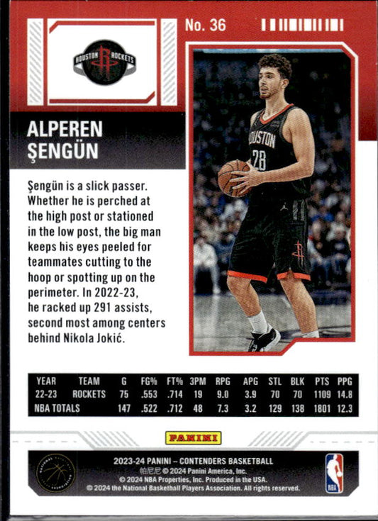 2023-24 Panini Contenders #36 Alperen Sengun Season Ticket Premium Edition - baksida
