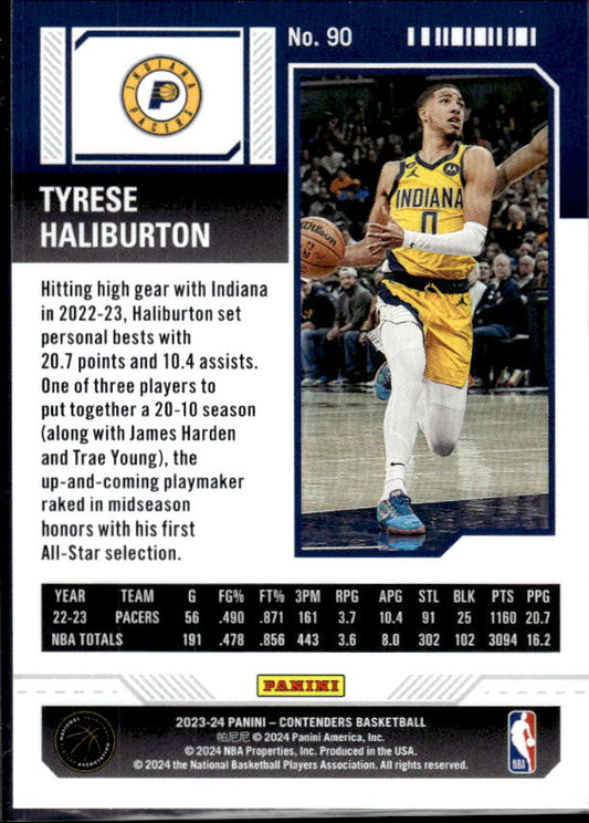2023-24 Panini Contenders #90 Tyrese Haliburton Season Ticket Premium Edition - baksida