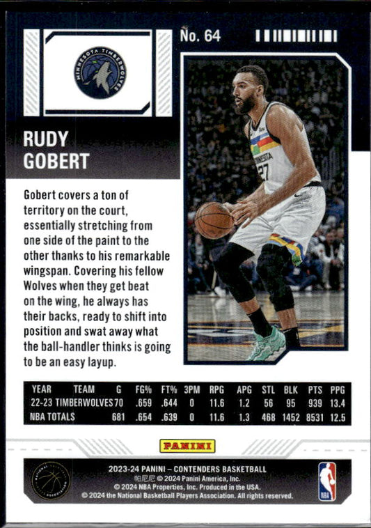 2023-24 Panini Contenders #64 Rudy Gobert Season Ticket Premium Edition - baksida