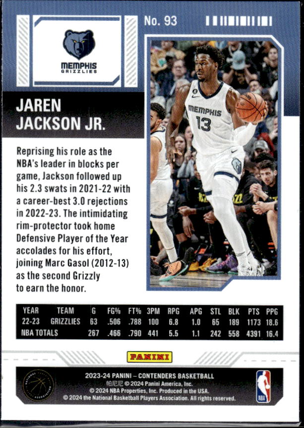 2023-24 Panini Contenders #93 Jaren Jackson Jr. Season Ticket Premium Edition - baksida