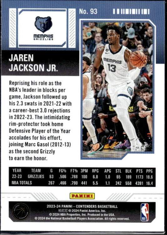 2023-24 Panini Contenders #93 Jaren Jackson Jr. Season Ticket Premium Edition - baksida