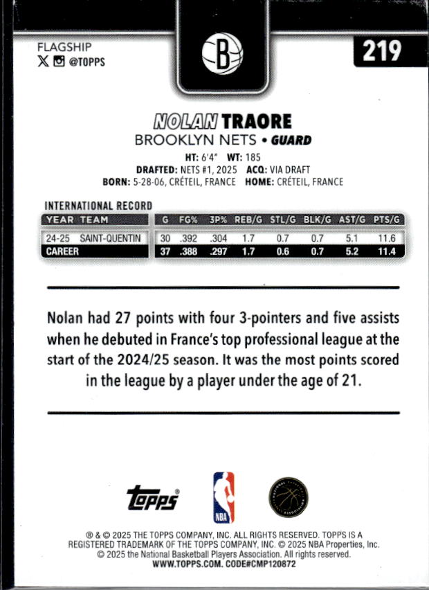 2025-26 Topps #219 Nolan Traore Rainbow Foilboard RC - baksida