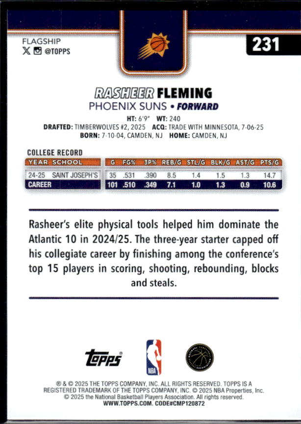 2025-26 Topps #231 Rasheer Fleming RC - baksida