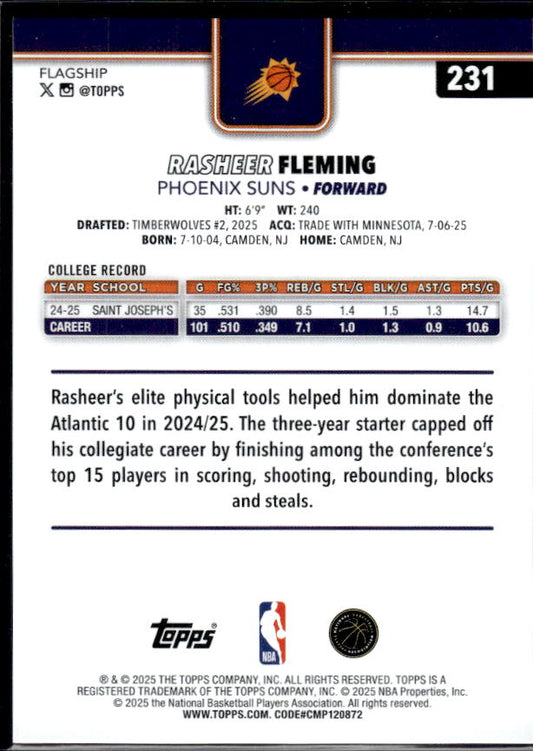 2025-26 Topps #231 Rasheer Fleming RC - baksida