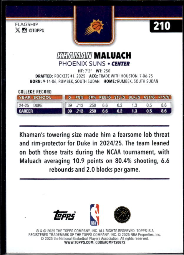 2025-26 Topps #210 Khaman Maluach RC - baksida