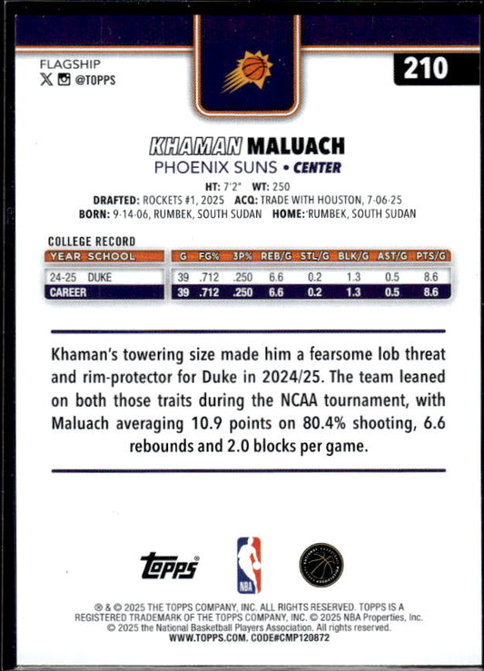2025-26 Topps #210 Khaman Maluach RC - baksida