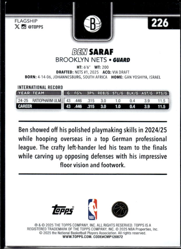 2025-26 Topps #226 Ben Saraf RC - baksida