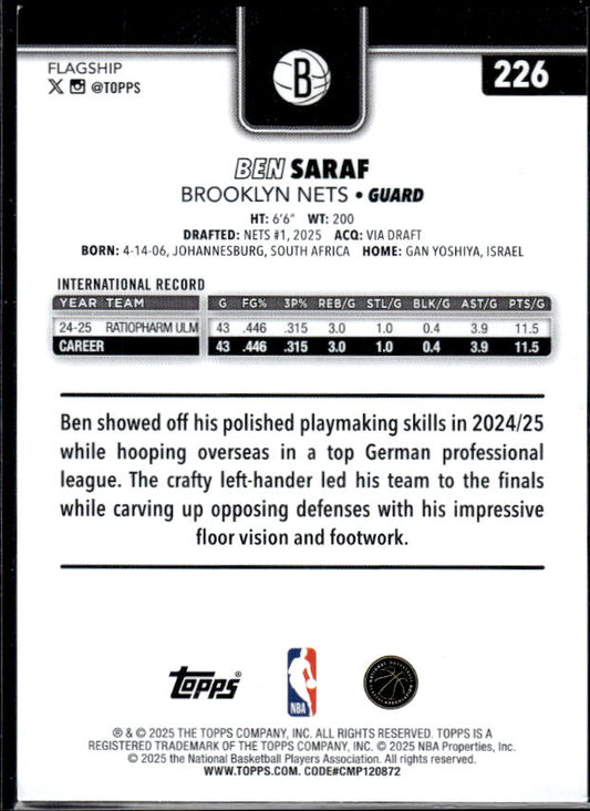 2025-26 Topps #226 Ben Saraf RC - baksida