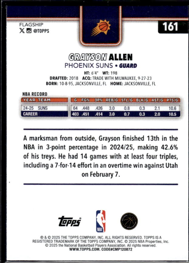 2025-26 Topps #161 Grayson Allen - baksida