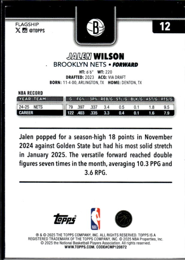 2025-26 Topps #12 Jalen Wilson - baksida