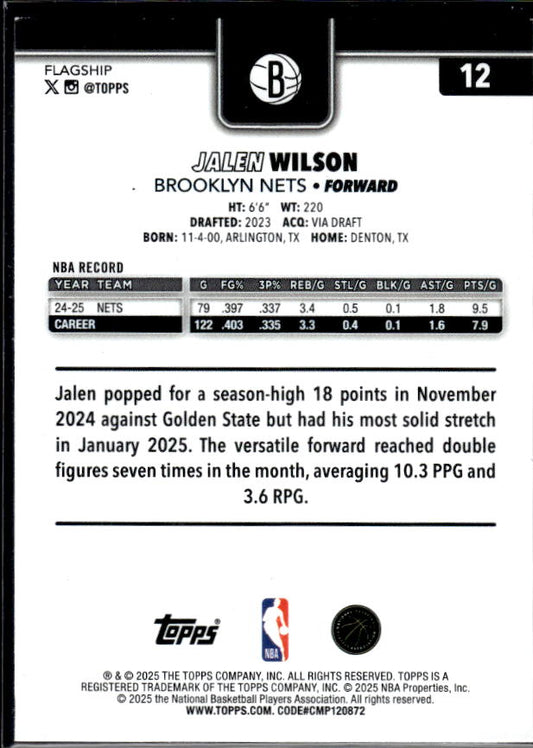 2025-26 Topps #12 Jalen Wilson - baksida