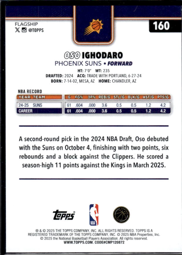 2025-26 Topps #160 Oso Ighodaro - baksida