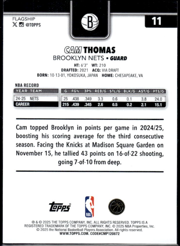 2025-26 Topps #11 Cam Thomas - baksida