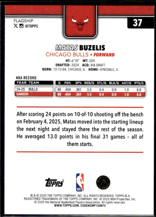 2025-26 Topps #37 Matas Buzelis - baksida