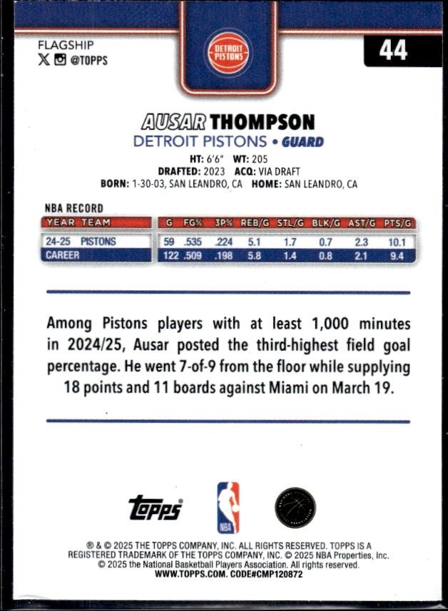 2025-26 Topps #44 Ausar Thompson - baksida