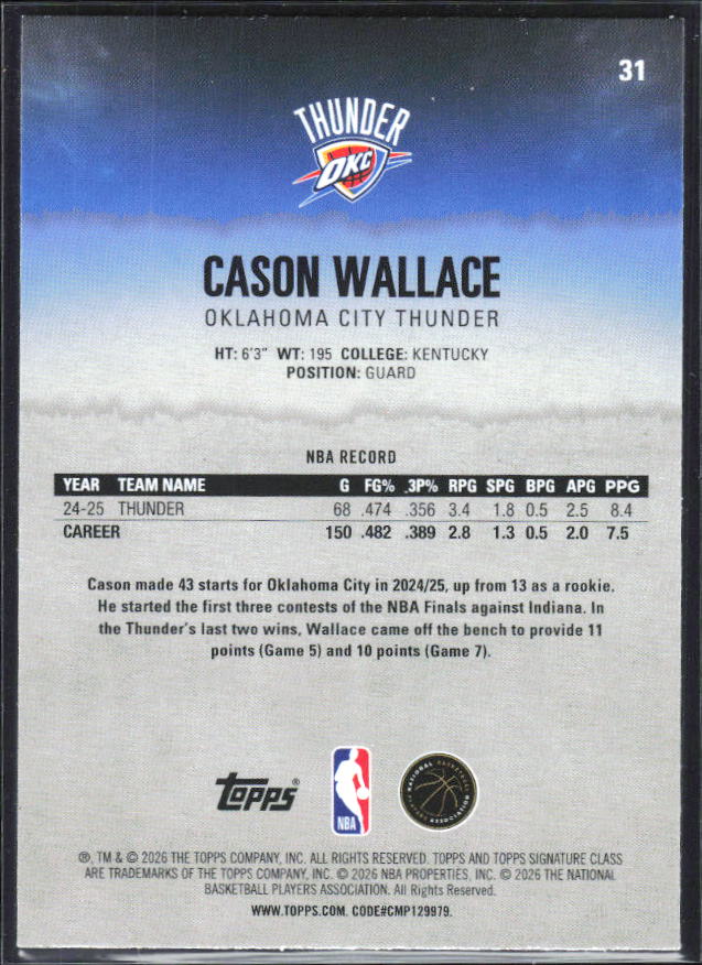 2025-26 Topps Signature Class #31 Cason Wallace - baksida