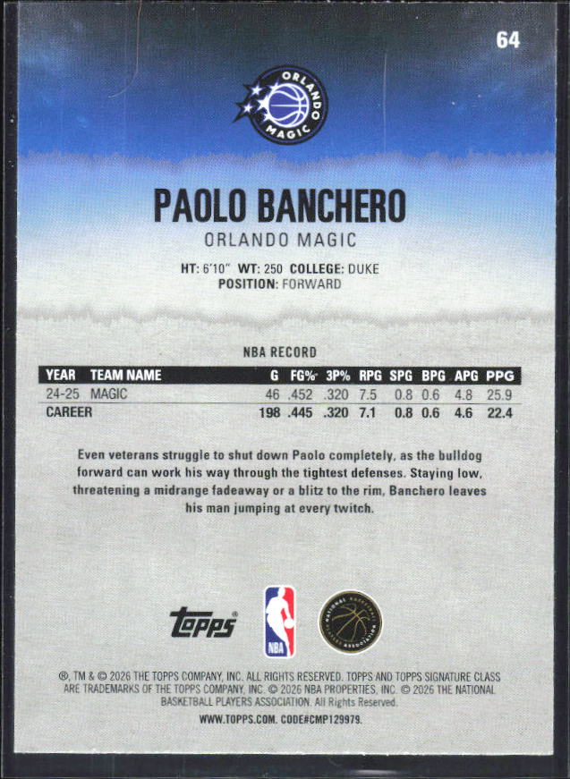 2025-26 Topps Signature Class #64 Paolo Banchero - baksida