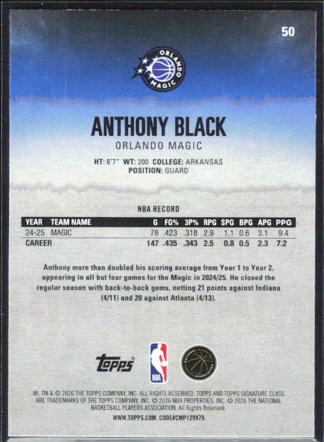 2025-26 Topps Signature Class #50 Anthony Black - baksida