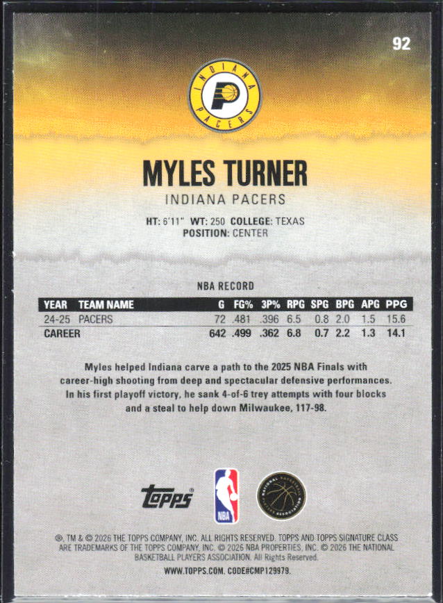 2025-26 Topps Signature Class #92 Myles Turner - baksida