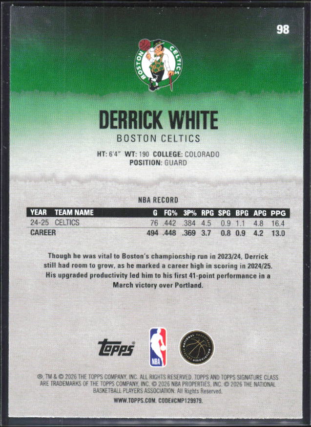 2025-26 Topps Signature Class #98 Derrick White - baksida