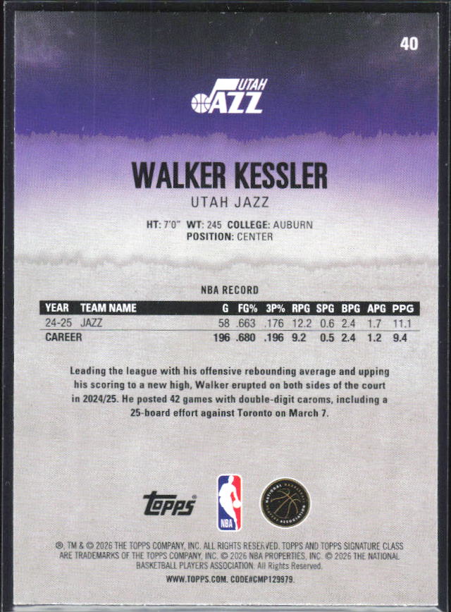 2025-26 Topps Signature Class #40 Walker Kessler - baksida