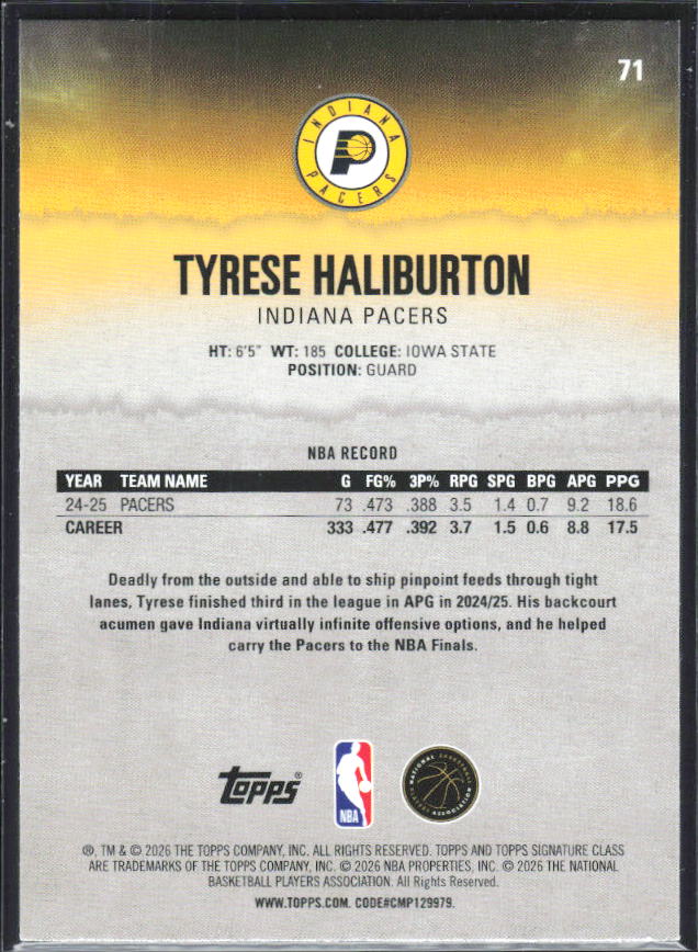 2025-26 Topps Signature Class #71 Tyrese Haliburton - baksida