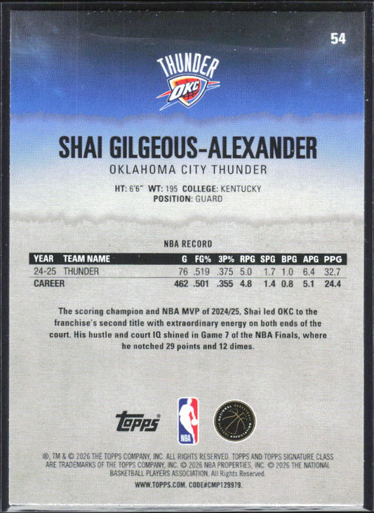 2025-26 Topps Signature Class #54 Shai Gilgeous-Alexander - baksida