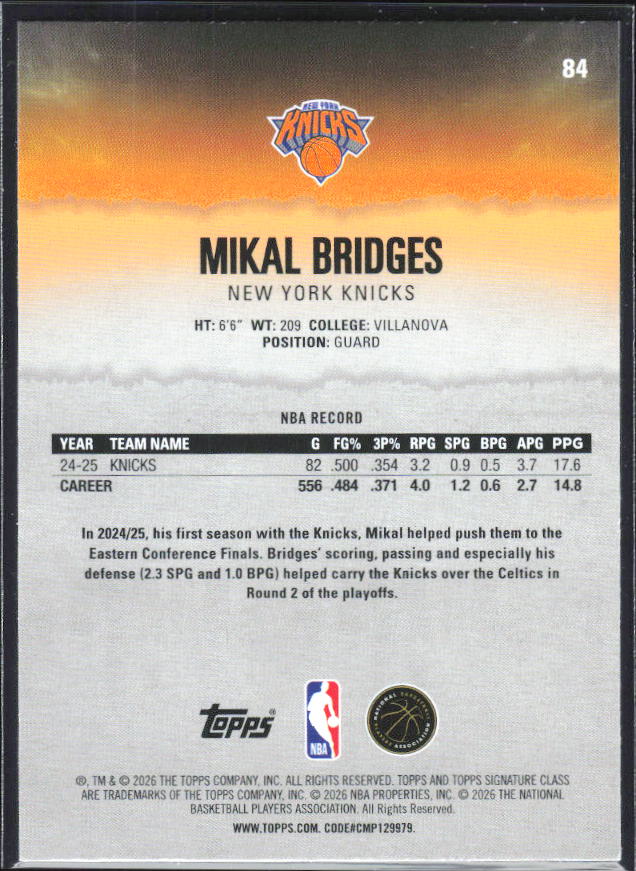 2025-26 Topps Signature Class #84 Mikal Bridges - baksida