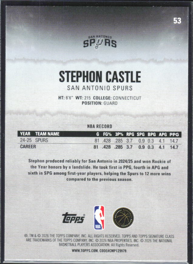 2025-26 Topps Signature Class #53 Stephon Castle - baksida
