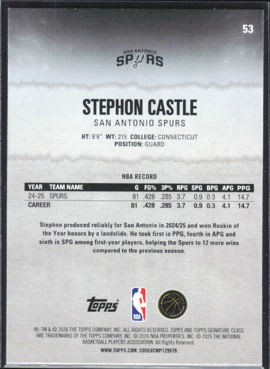 2025-26 Topps Signature Class #53 Stephon Castle - baksida