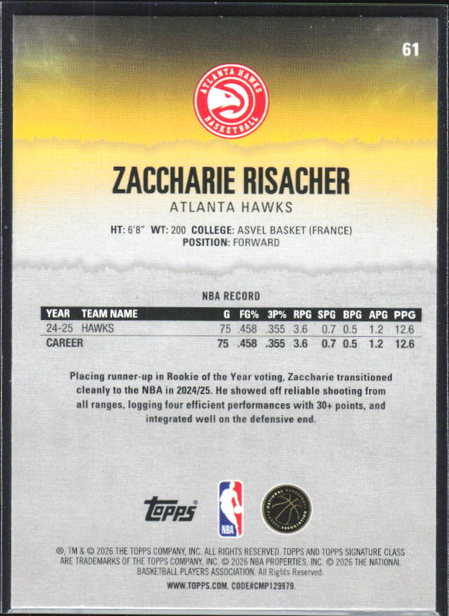 2025-26 Topps Signature Class #61 Zaccharie Risacher - baksida
