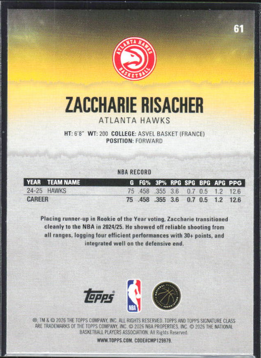 2025-26 Topps Signature Class #61 Zaccharie Risacher - baksida