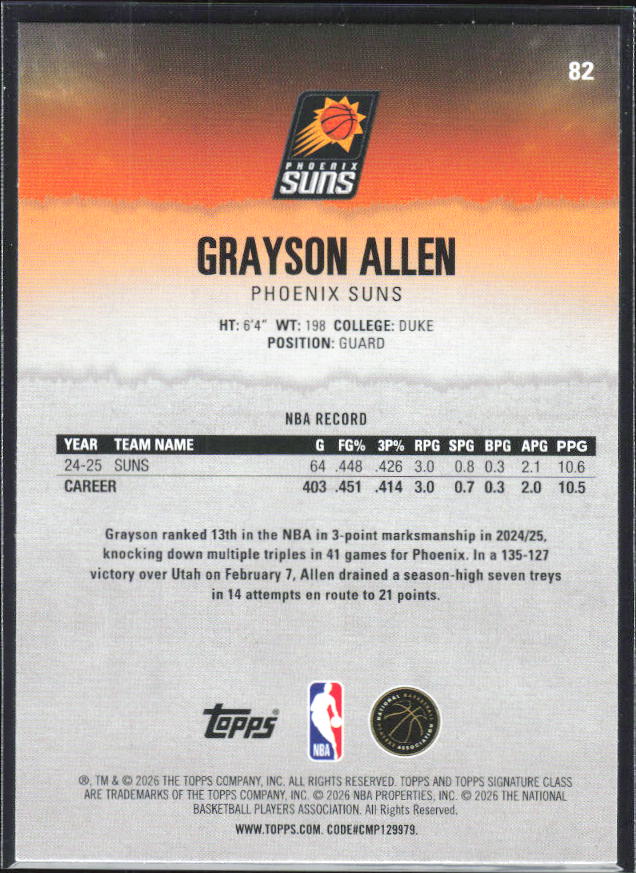 2025-26 Topps Signature Class #82 Grayson Allen - baksida